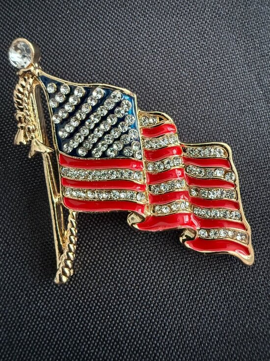 Unbranded Jewelry - American Flag Rhinestone Brooch – Red, White & Blue Enamel Patriotic Pin, Gold-T